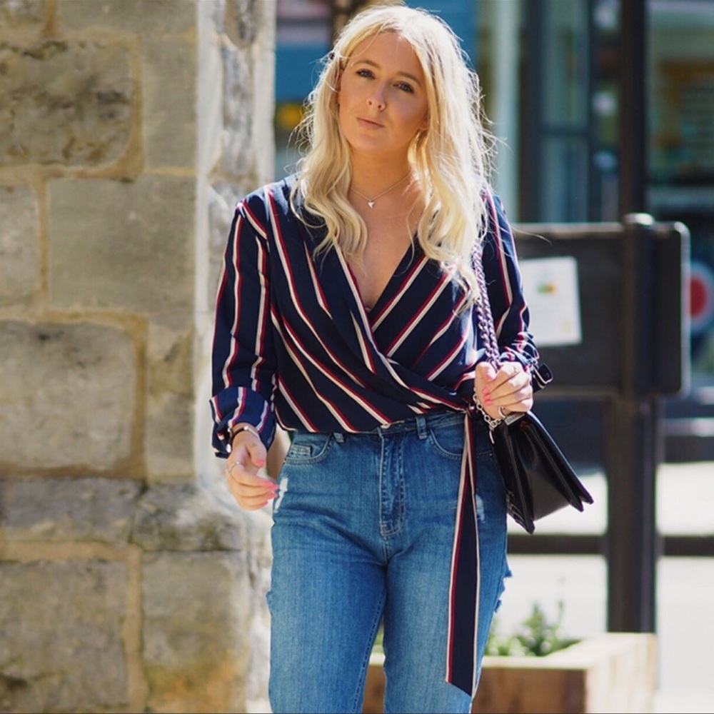 Missguided Wrap Top Blue Striped Long Sleeve V Neck Buckle